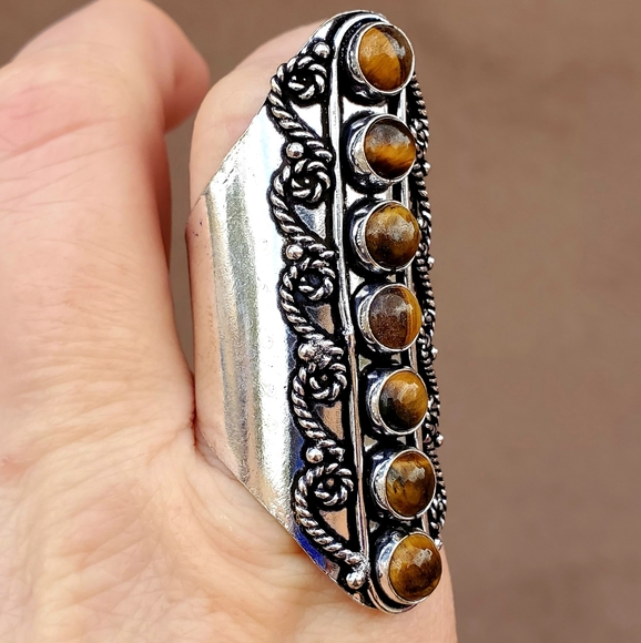 New 7 Stone Tiger Eye Adjustable Silver Statement Ring. - Picture 5 of 15